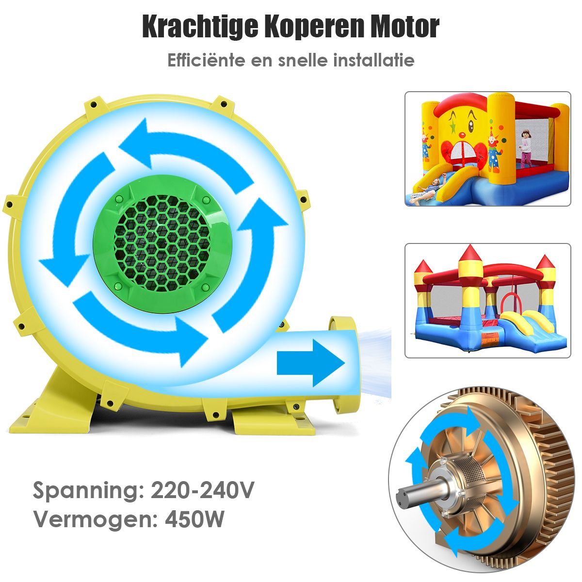 Elektrisches Luftgebläse 450 W - Tragbares Gebläse für Hüpfburgen und aufblasbare Modelle - mit Handgriff - 220-240V - Gelb