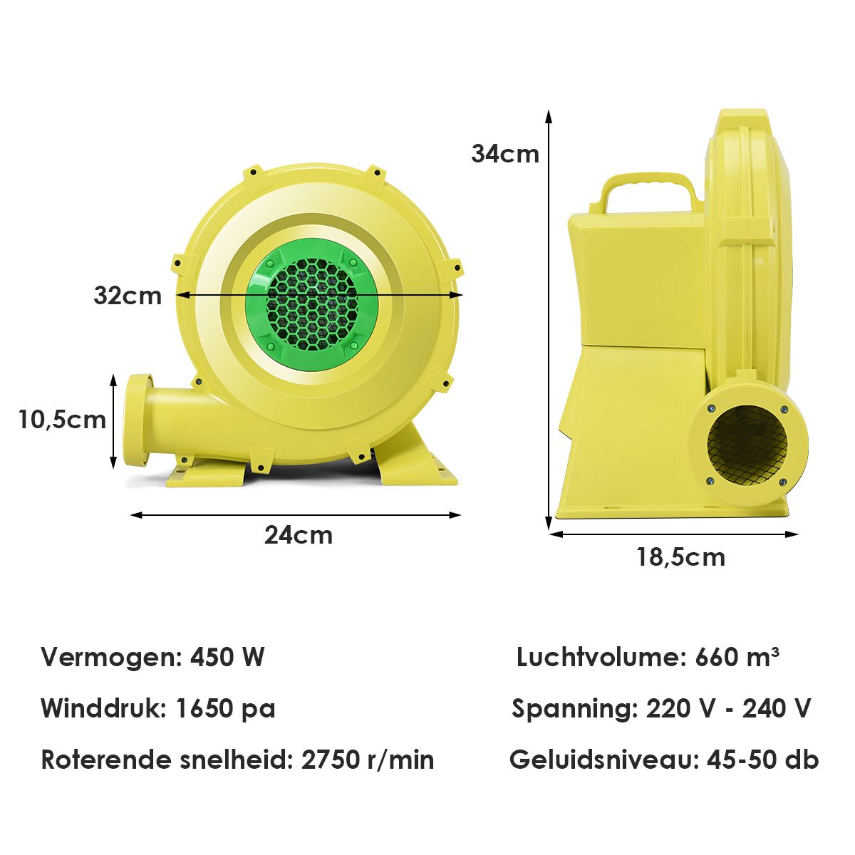 Elektrisches Luftgebläse 450 W - Tragbares Gebläse für Hüpfburgen und aufblasbare Modelle - mit Handgriff - 220-240V - Gelb