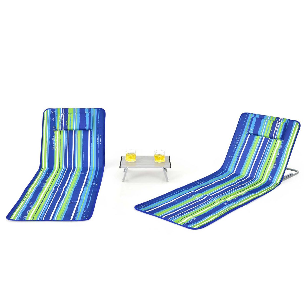 Strandmatten Coast (2 Stück) mit Beistelltisch - 151 x 56 x 27 cm - Grün / Blau