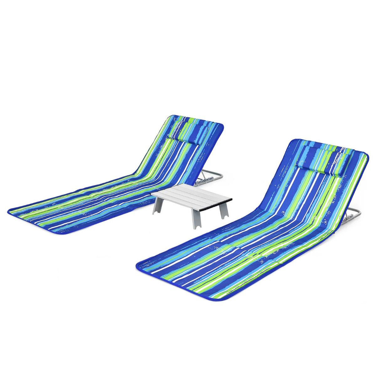 Strandmatten Coast (2 Stück) mit Beistelltisch - 151 x 56 x 27 cm - Grün / Blau