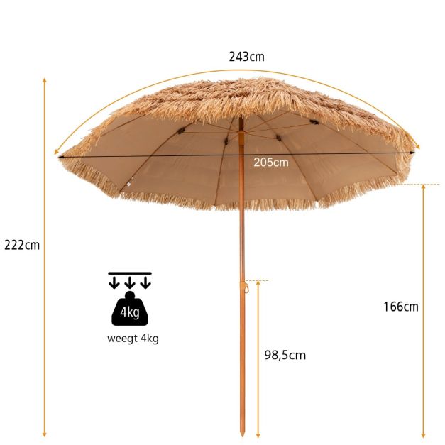 coast Hawaiian Style Strohsonnenschirm Ø285 cm - Natürliches Design mit 8 Metallrippen