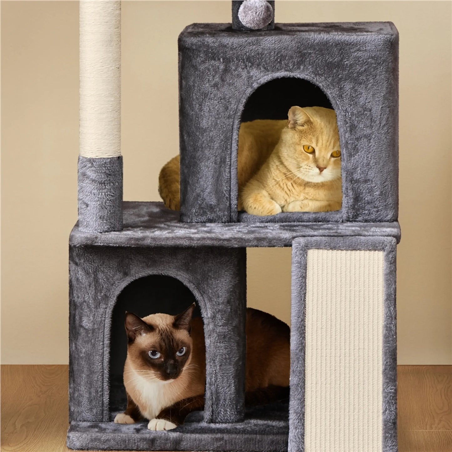 Yaheetech Katzenpfosten mit zwei Katzenhäusern - Ausgestattet mit Aussichtsplattform und Kratzbrett und Sisalstange und Spielball - Für 1-2 kleine bis mittlere Katzen - Dunkelgrauer Plüsch und Sisal - 60 x 45 x 106 cm