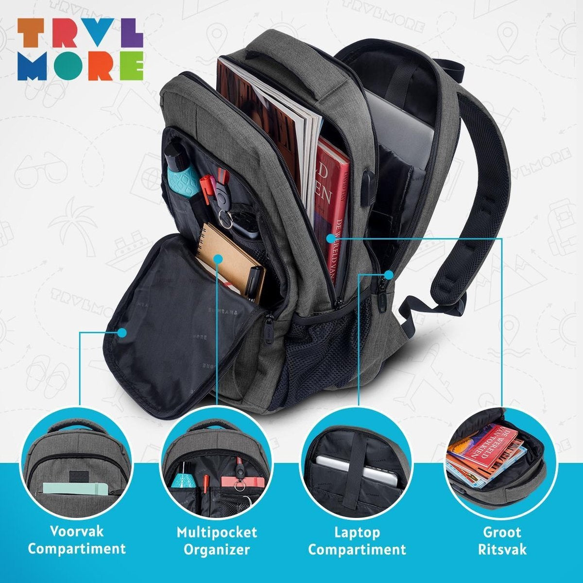 TRVLMORE Rucksack - 28L - 15.6 Zoll - Laptop-Rucksack - Schultasche - Unisex - Spritzwassergeschützt Grau