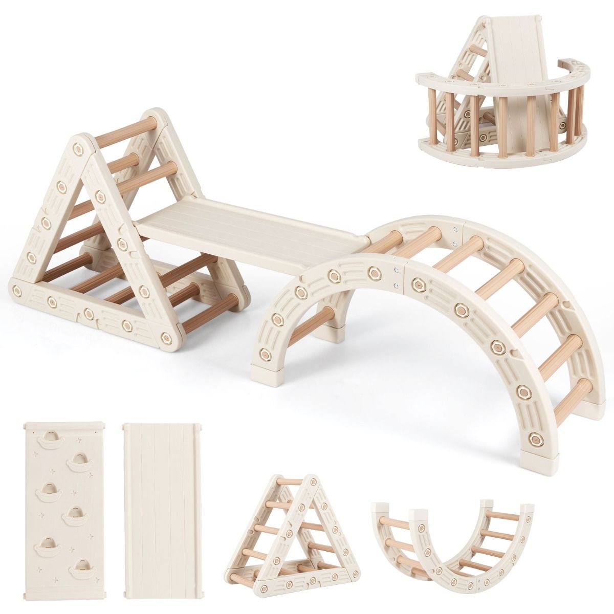 Coast Montessori Klettergerüst für Kinder – 5-in-1-Klettergerüst aus Holz mit Bogen und doppelseitiger Leiter – beige und kaffeefarben