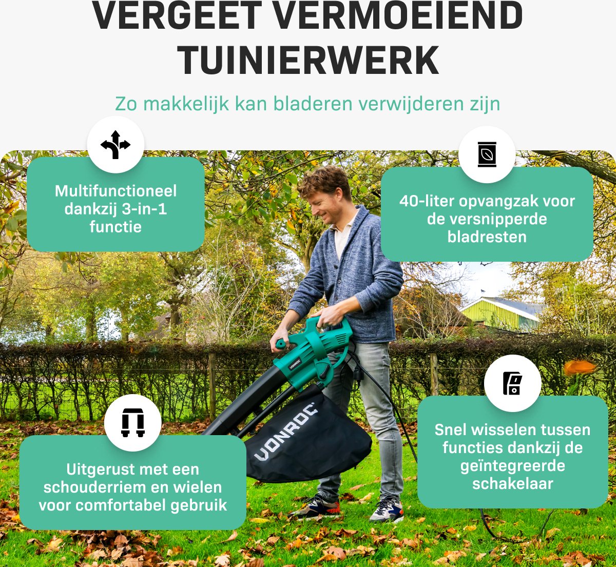 VONROC Laubbläser - Saugen & Häckseln - 3300 W - Inkl. 40-Liter-Auffangsack - Schwarz