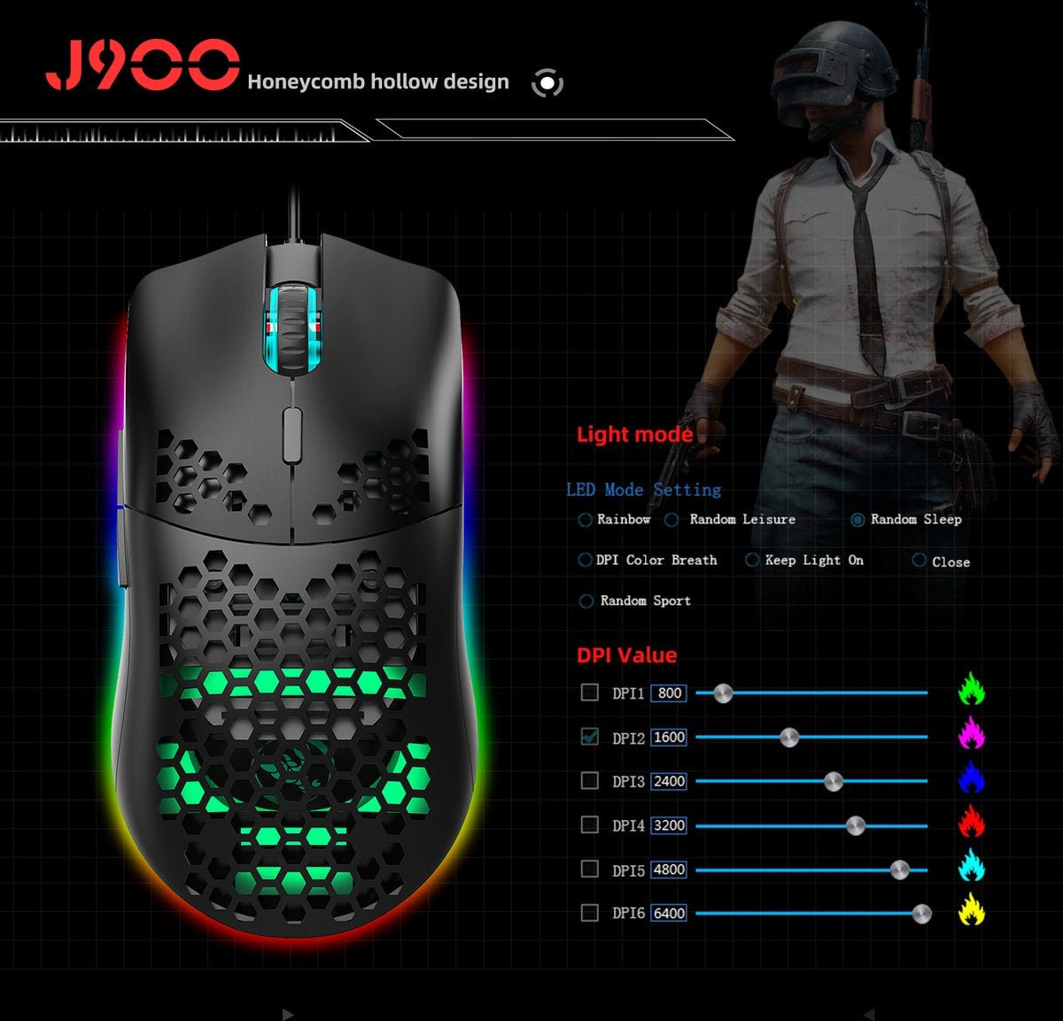 HXSJ J900 Optische Gaming-Maus - Ultraleicht - RGB-Beleuchtung - 6400 DPI - Schwarz