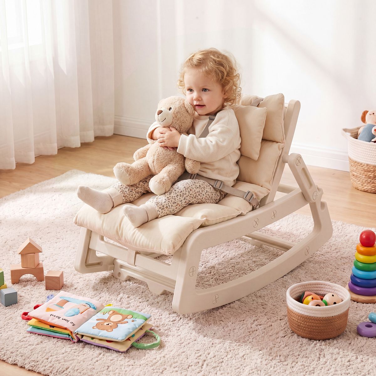 Coast 2-in-1-Schaukelstuhl für Kinder – verstellbare Rückenlehne – waschbares Sitzkissen – beige