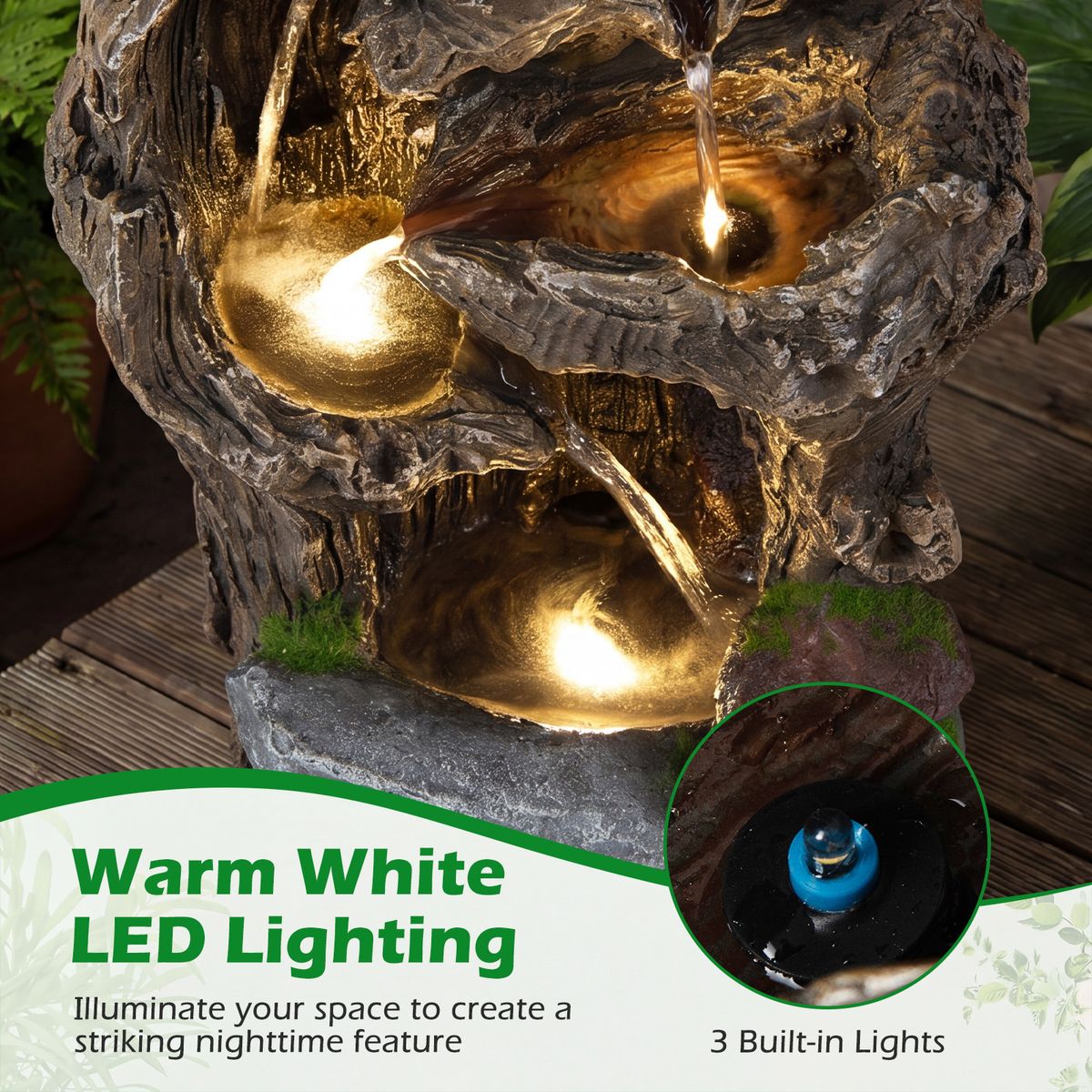 Coast Gartenbrunnen mit 4 Ebenen – LED-Beleuchtung – wetterfest – braun, 26 x 28 x 53 cm