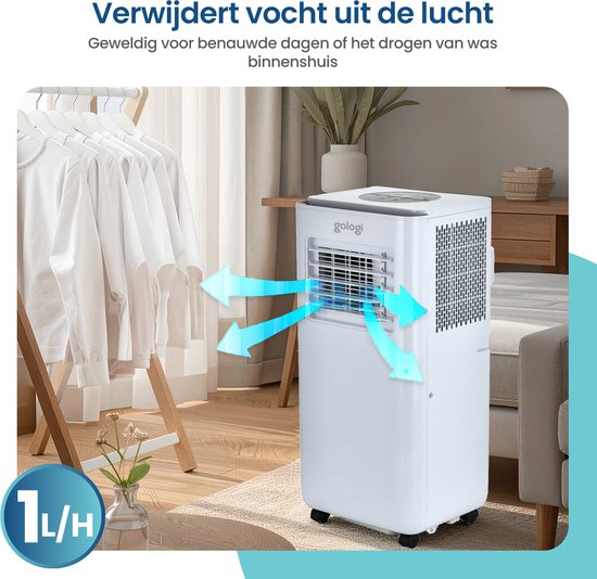 Gologi 3-in-1 Mobiles Klimagerät - Luftkühler mit Wifi und App - 9.000 BTU/h - Mit Fensterdichtungsset - Inklusive Fernbedienung - Geeignet für Schlafzimmer - Weiß