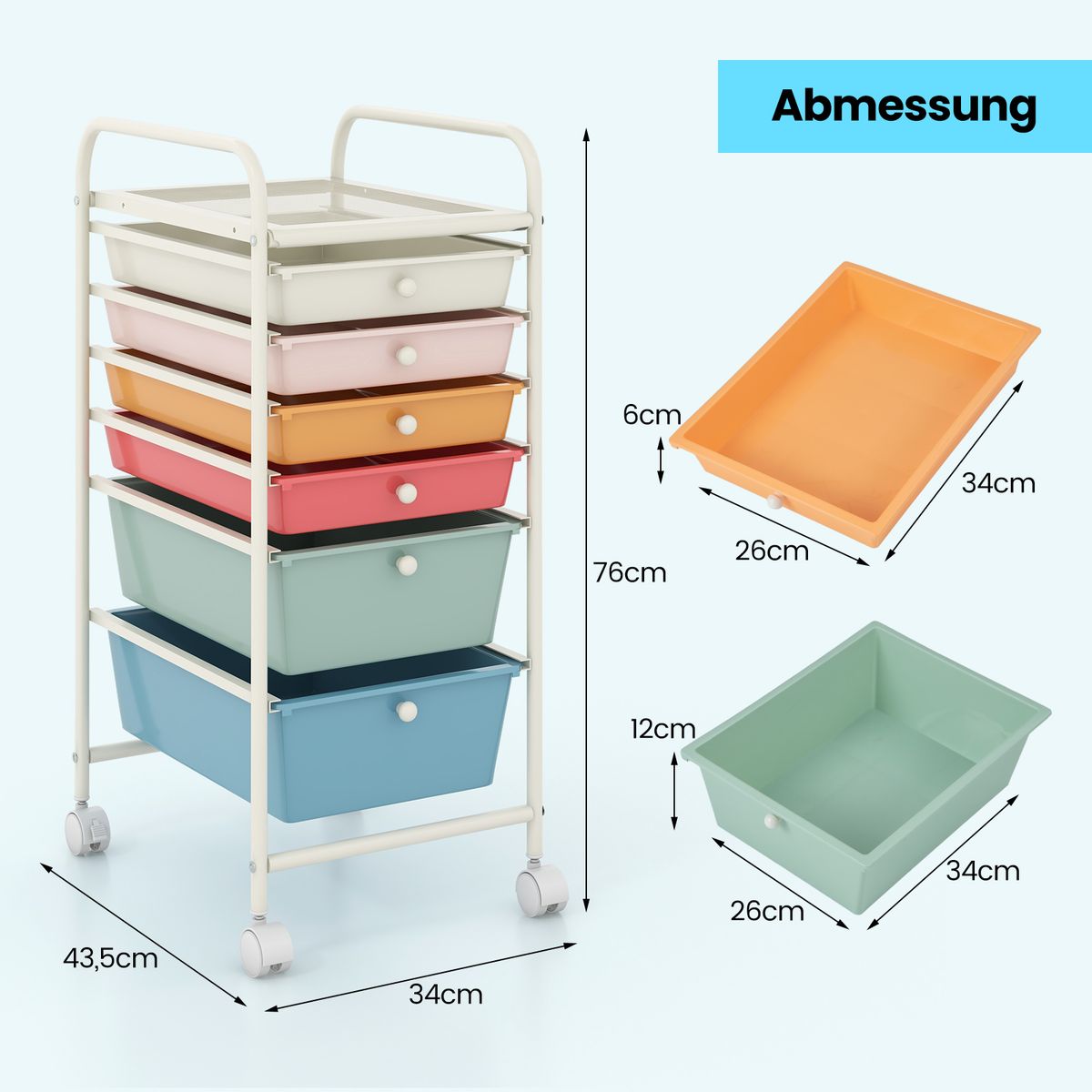 Coast Rollcontainer mit 6 stapelbaren Schubladen – Metallgestell – mit Aufbewahrungsbehälter – bunt
