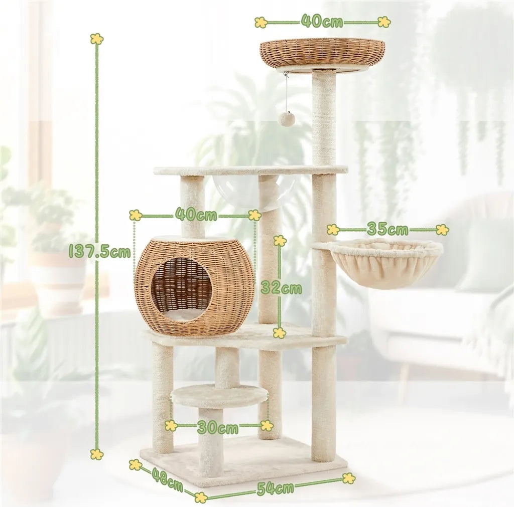 Yaheetech Kratzbaum 137,5 cm aus Rattan mit Katzenhaus, beige