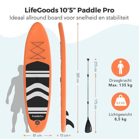 LifeGoods - SUP Board & Aufblasbares Paddle Board - 320x81 cm - Orange PVC - Stabil & Allround - Inklusive Komplettset - Maximales Tragegewicht 135 kg