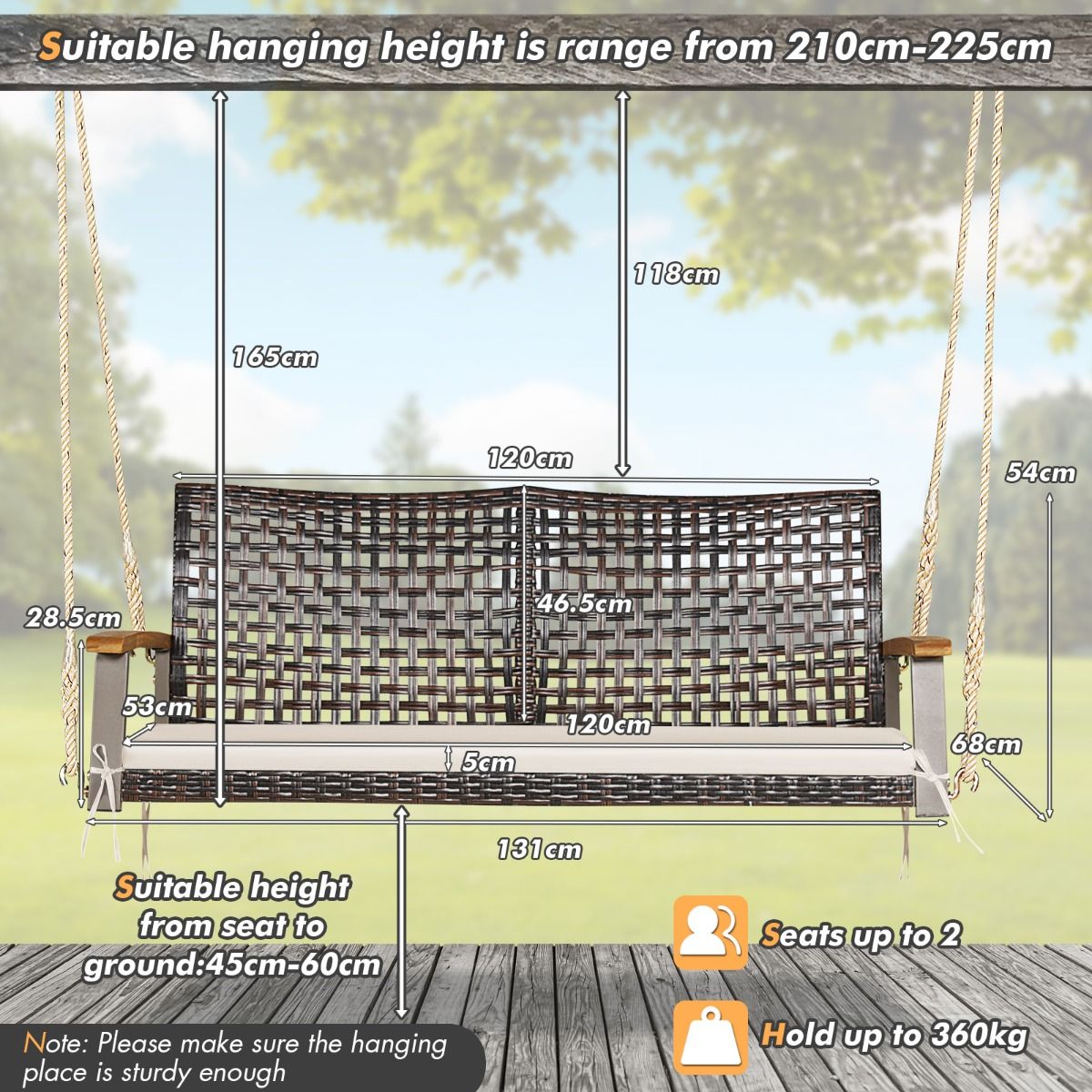 Coast 2-Sitzer Schaukelbank PE-Rotan mit Kissen 131x68x54 cm Beige - Hängeschaukel mit Armlehnen aus Akazienholz