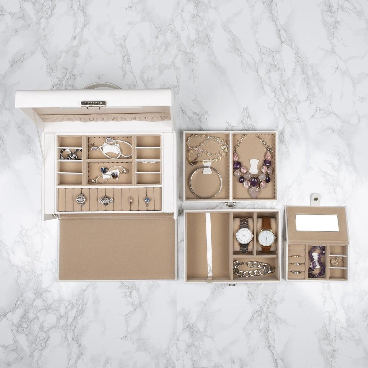 LifeGoods Schmuckkästchen XL - Schmuckkästchen - 20 Fächer - Weiß/Beige