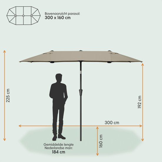 LifeGoods Doppelter Sonnenschirm - Garten - 160x300cm - bis zu 8 Personen - Wasserdicht - UPF50+ - Taupe