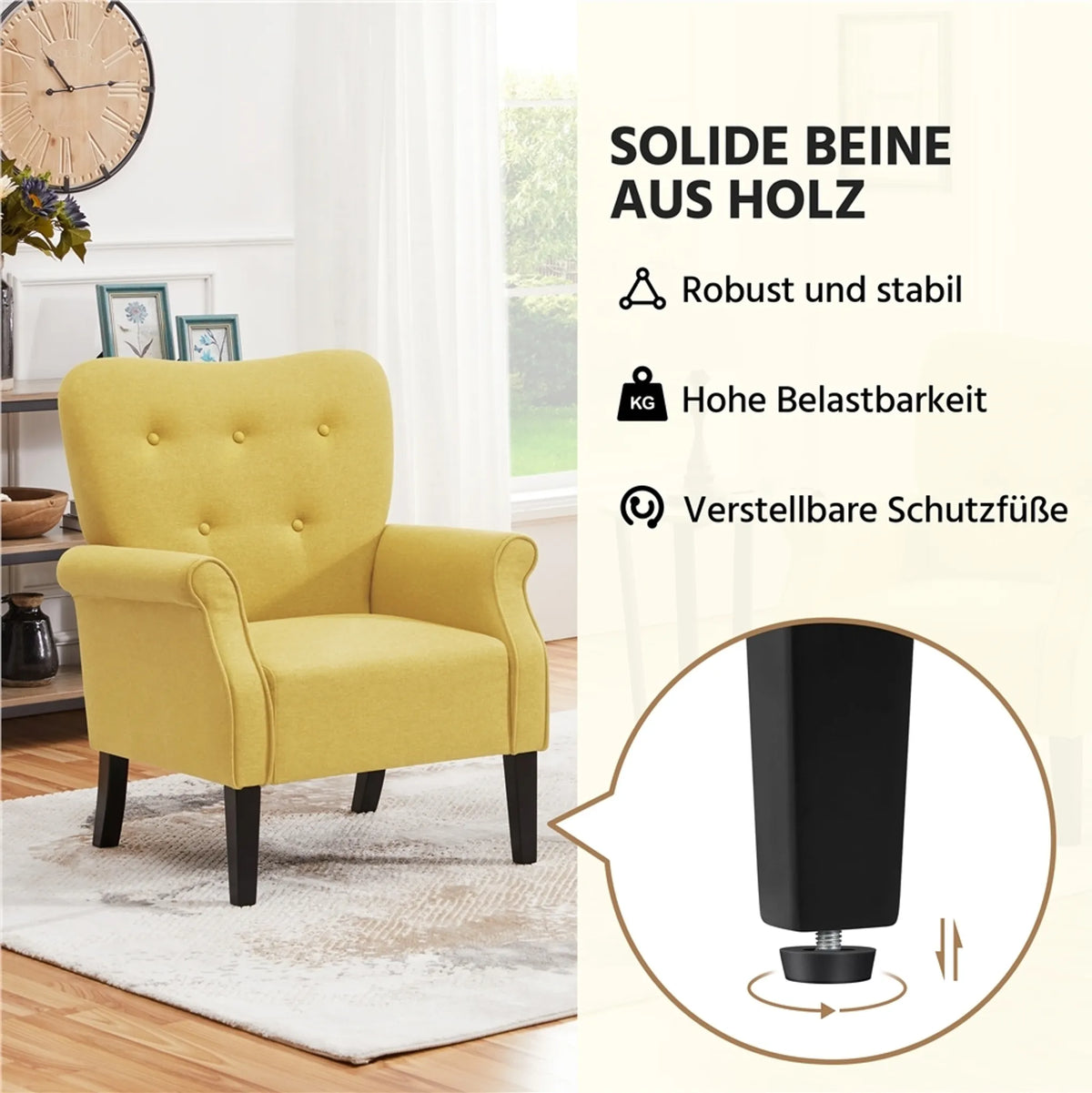Yaheetech Lounge-Sessel mit Holzbeinen – 74 x 72 x 94 cm – Gelb