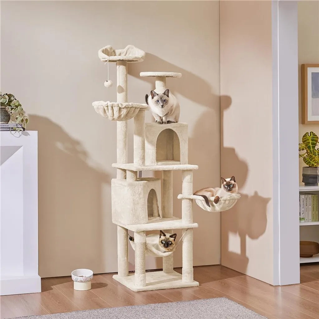 Yaheetech Kratzbaum mit Hängematte und Katzenhäuschen – Beige – 174,5 cm