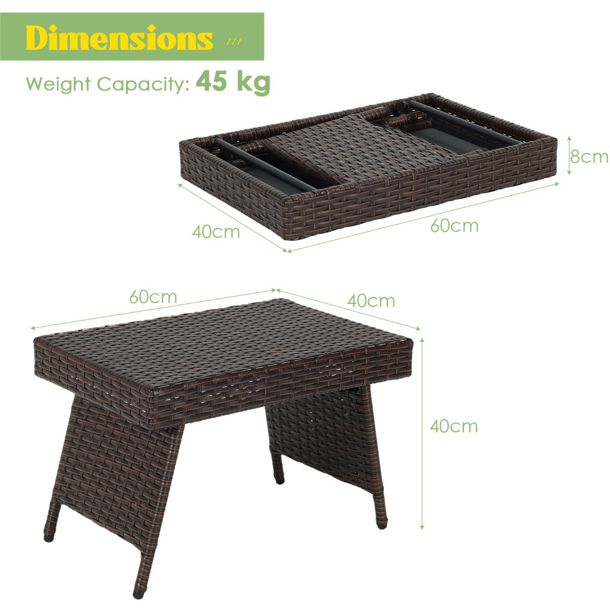 Coast Outdoor Couchtisch - klappbar - 60 x 40 x 40 cm - Braun