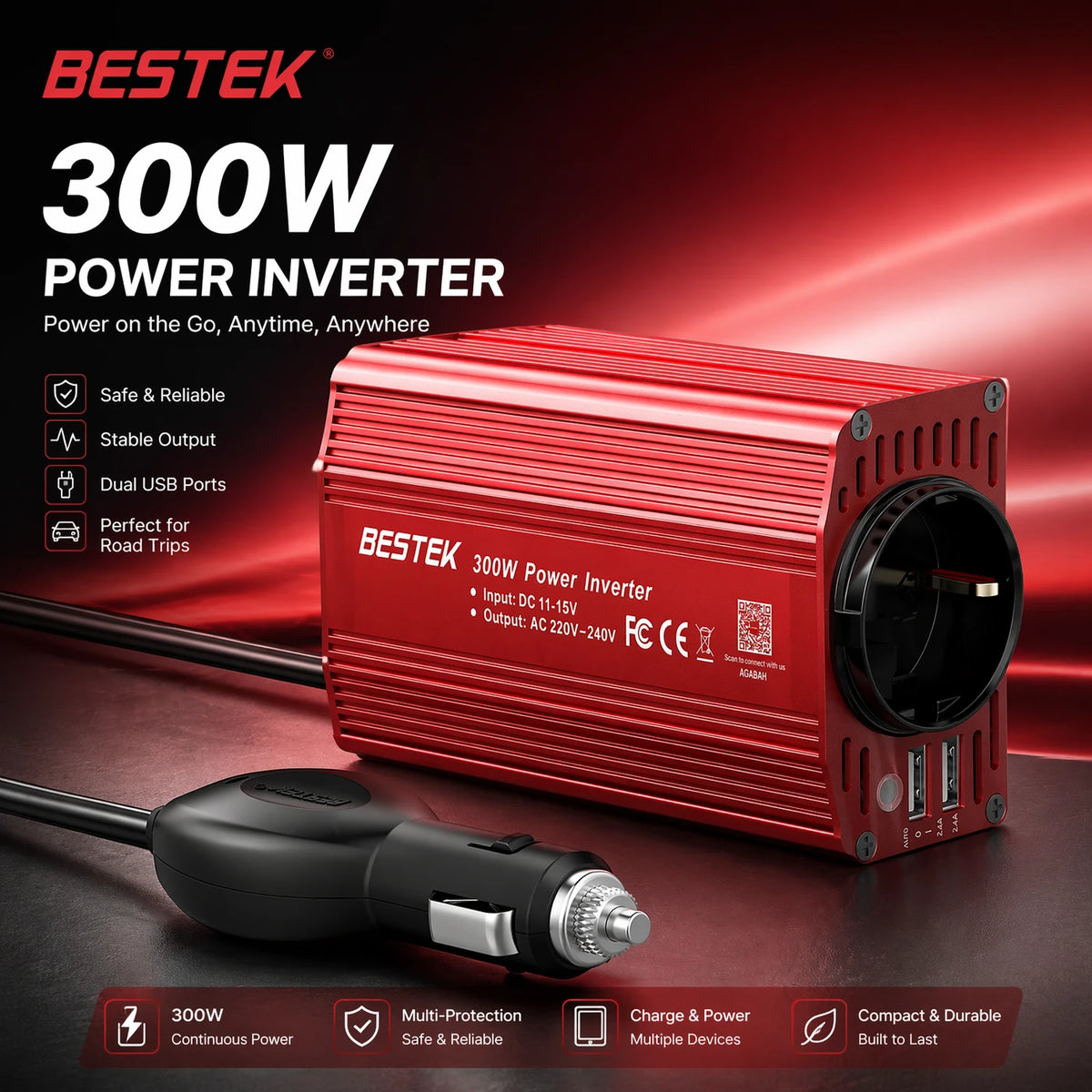 BESTEK 300-W-Wechselrichter 12 V auf 230 V – 2 USB-Anschlüsse & Steckdose – Für Auto, Wohnmobil und unterwegs – Rot