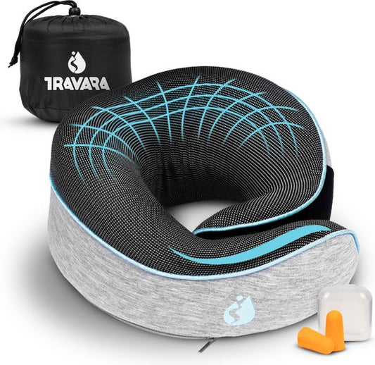 TRAVARA Nackenkissen - Reisekissen - Für Flugzeug - Auto - Memory Foam - Mit Ohrstöpseln - Grau