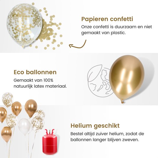 Partizzle 50x Luftballons Weiß und Gold - Helium geeignet - Papierkonfetti - Silvester / Neujahr - Hochzeit, Hochzeit Weihnachten Ballonbogen Dekoration - Latex