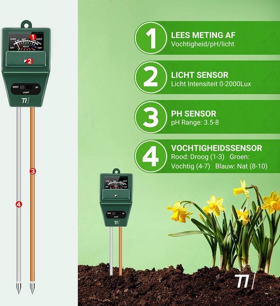 TIKKENS® Bodenfeuchtemessgerät Pflanzen - Pflanzenfeuchtemessgerät - pH- und Lichtmessgerät - 3 in 1 - Blumen/Pflanzen - Garten-Bodentests - Feuchtemessgeräte