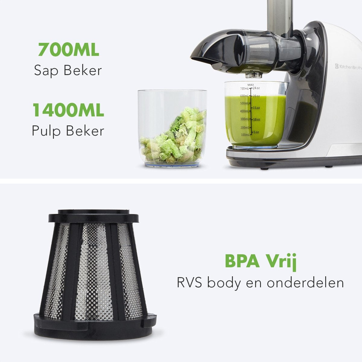 KitchenBrothers Slowjuicer - Entsafter - 700ml - Weiß