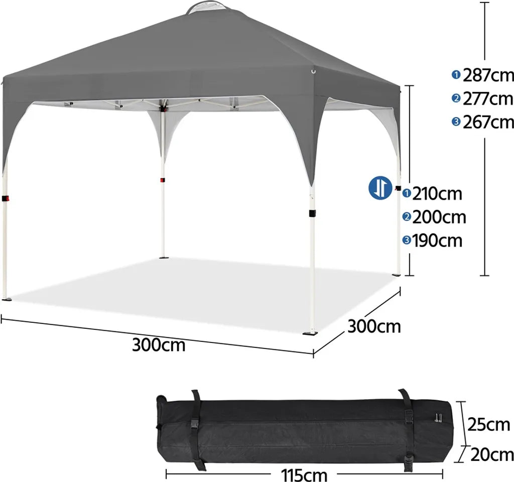 Yaheetech Pop-up-Partyzelt – 3 x 3 m – höhenverstellbar – Transporttasche mit Rollen – Dunkelgrau