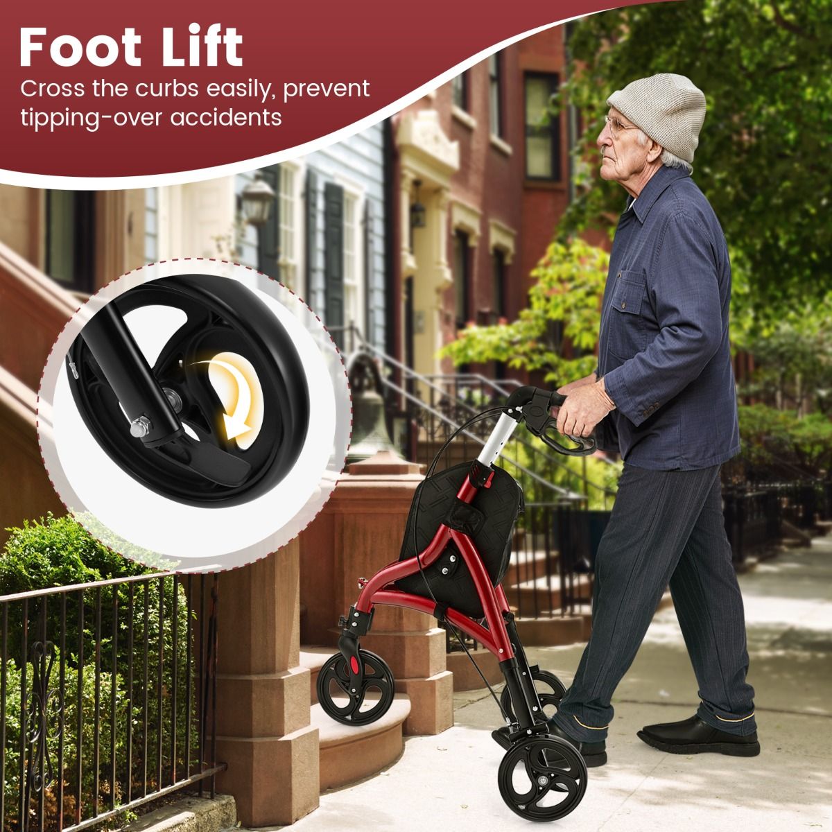 coast walker for seniors - Faltbarer Rollator Rot - Aluminiumrahmen - 78x67.5x86-96 cm - 20 cm Räder