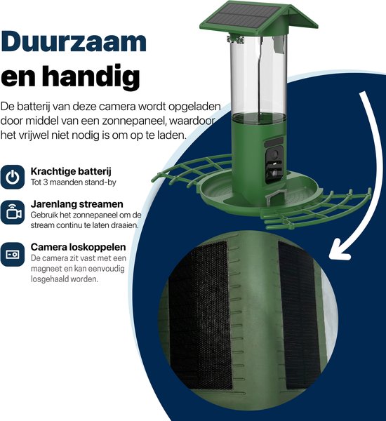 BOME Vogelhäuschen – Doppelte 2K-HD-Kamera – Futtersilo – KI-Vogelerkennung – Mit Solarmodulen
