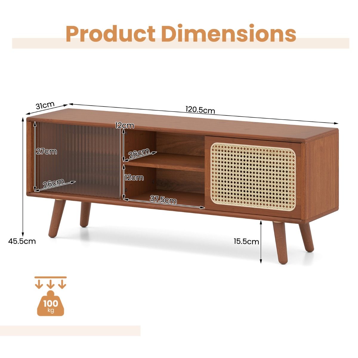 Coast TV-Möbel – Bambus mit Schilf und Glasschiebetür – verstellbares Regal – braun – 120,5 x 31 x 45,5 cm