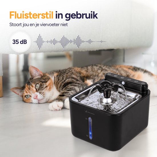 Viervoeter® Kabelloser Trinkbrunnen aus Edelstahl – Sensor-Trinkbrunnen für Katzen und Hunde – Inklusive 3 Filtern – 3,2 l – 30 Tage Batterielaufzeit – Flüsterleise