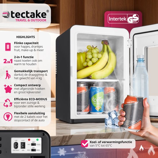 tectake Mini Car Cooler - Tragbare Minibar 14L - 2-in-1 Funktion: Kühlen und Heizen - Ideale elektrische Kühlbox für Getränke, Medikamente oder Make-up - Für zu Hause oder unterwegs - ECO-Modus