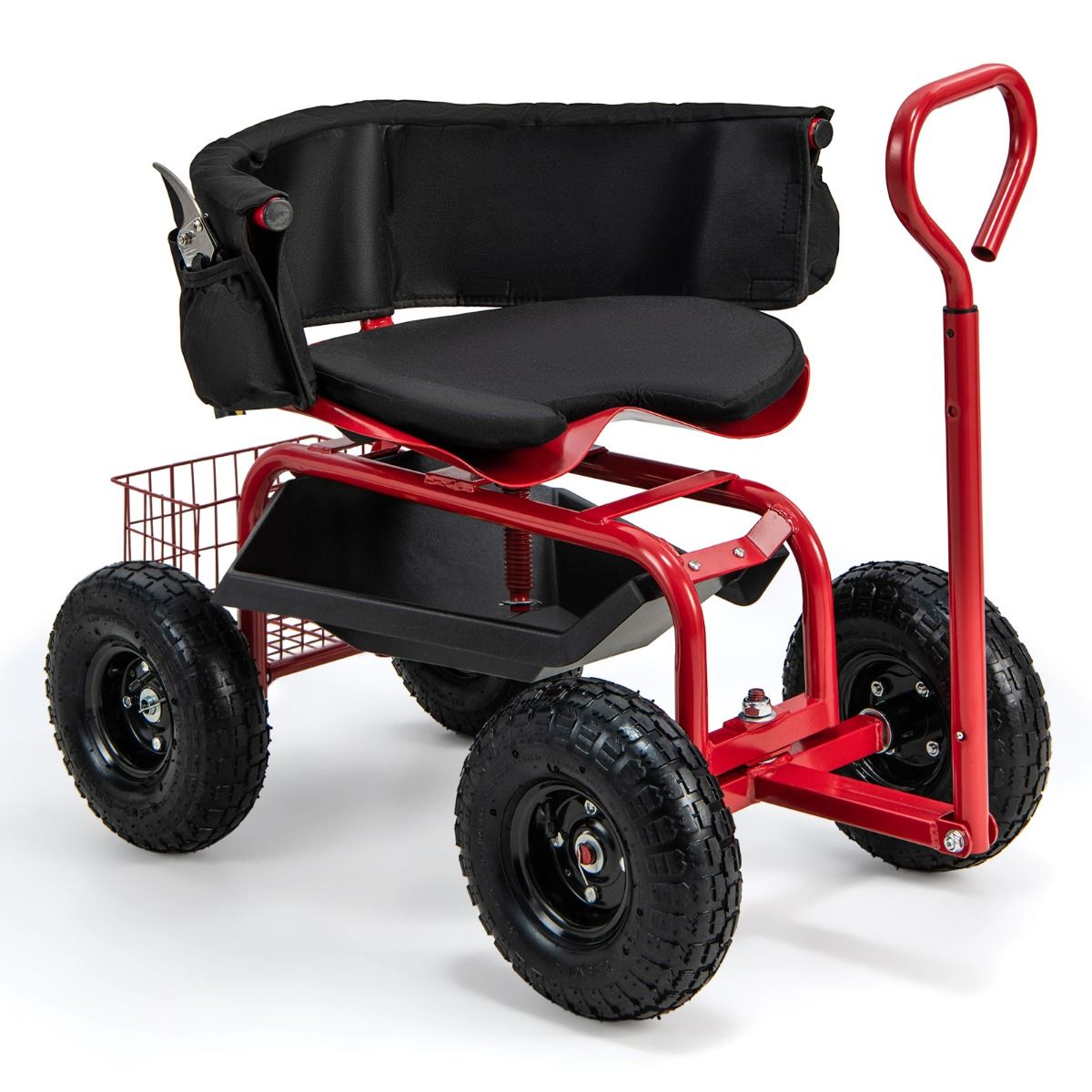 Coast Gartenwagen mit Rollsitz – ausziehbarer Griff – Stauraum – rot