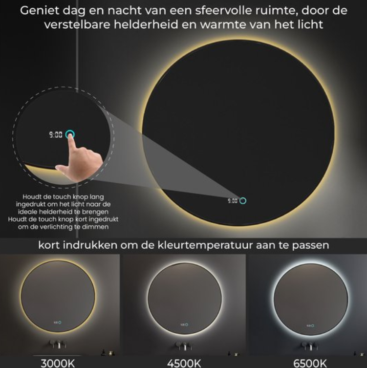 Lumoire Neon 8000 Spiegel mit Beleuchtung – schwarzer Rand – Ø 80 cm – rund, beschlagfrei, Uhr