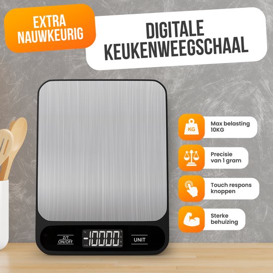 Strex Digitale Küchenwaage - Küchenwaage - 1 g bis 10 kg - Tara-Funktion - Inklusive Batterien - Edelstahl/Schwarz