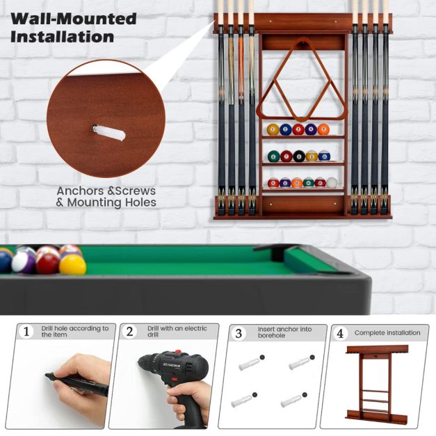 Costway Billardqueue-Ständer - Wandhalterung & 8 Keuclips - 79 x 8 x 91 cm - Braun