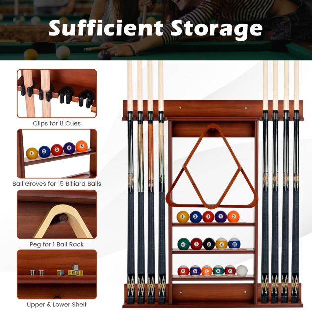 Costway Billardqueue-Ständer - Wandhalterung & 8 Keuclips - 79 x 8 x 91 cm - Braun