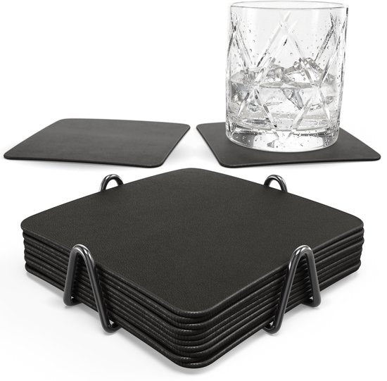 Castagnola Untersetzer aus Kunstleder – Untersetzer für Gläser – Design-Untersetzer mit Halter – Untersetzer-Set aus Kunstleder mit Metallhalter – Leder – 10er-Set – Schwarz – 10 x 10 cm