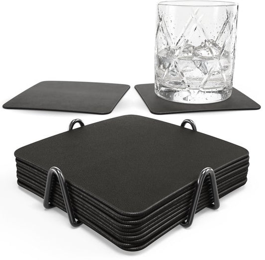 Castagnola Untersetzer aus Kunstleder – Untersetzer für Gläser – Design-Untersetzer mit Halter – Untersetzer-Set aus Kunstleder mit Metallhalter – Leder – 10er-Set – Schwarz – 10 x 10 cm