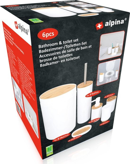 alpina Badezimmerset - Toilettenset - 6-teilig - Seifenspender - Zahnbürstenhalter - Toilettenbürste - Abfalleimer - Seifenschale - Becher - Bambus - Weiß