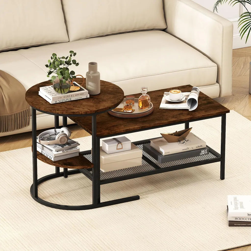 Coast Couchtisch 2er-Set - Ovaler und runder Beistelltisch mit Metallgestell - Braun