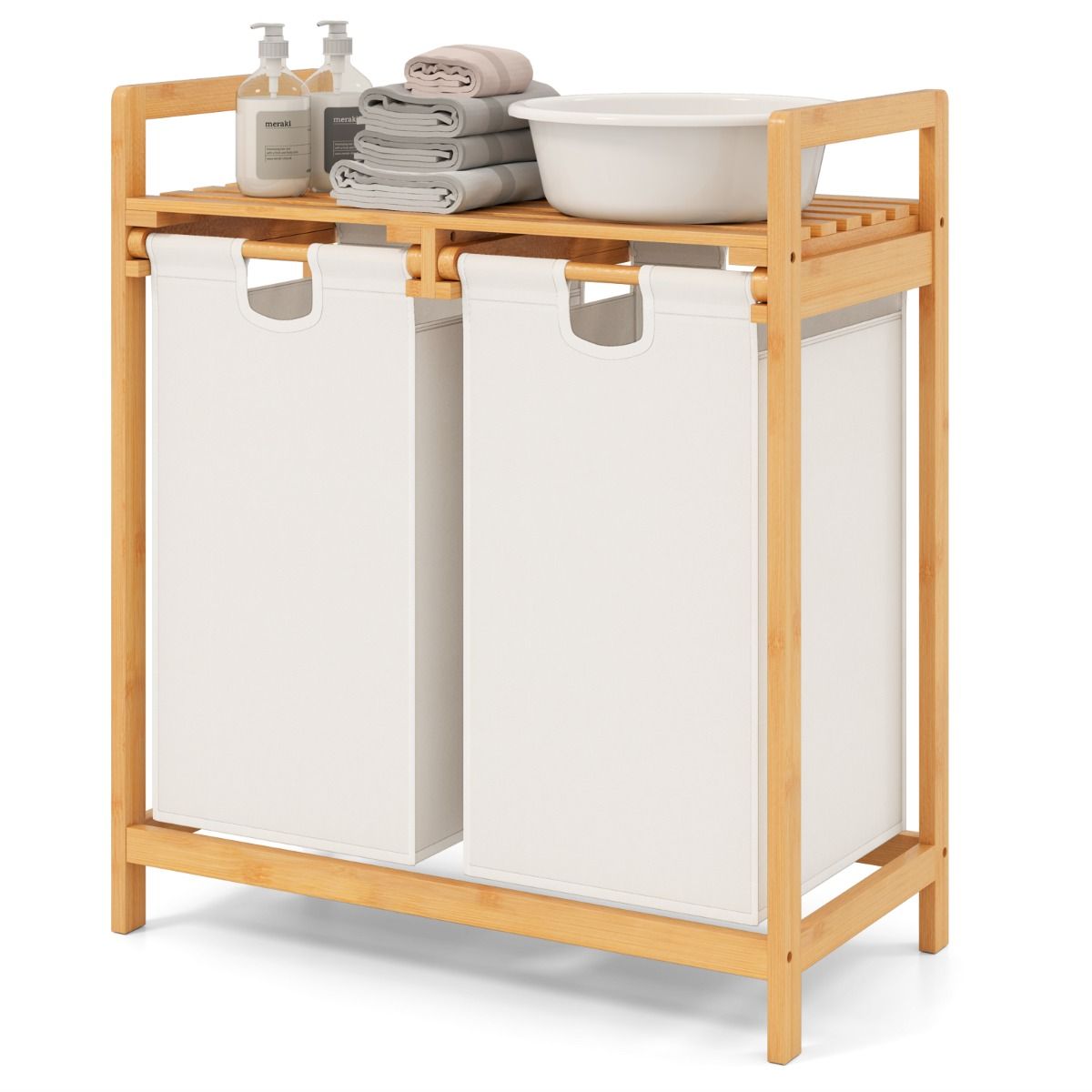 Coast Bambus-Wäschekorb 2-teilig 64x33x73cm mit zwei herausnehmbaren Wäschesäcken, oberes Regal, Natur/Weiß