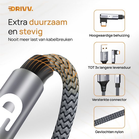 Drivv. USB-zu-USB-C-Kabel – abgewinkelt – USB-C-Daten- und Ladekabel – Fast Charge / Schnelllader – 3 Meter – Grau