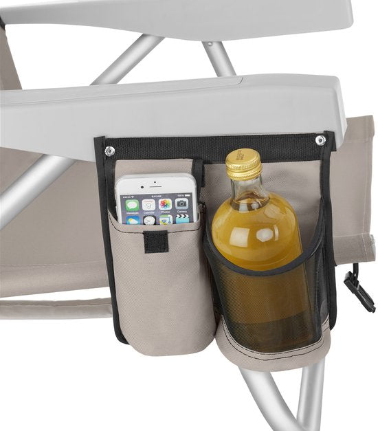 tectake® Beach Chair Coral - faltbarer Campingstuhl mit Kühltasche und Aufbewahrungstasche - 5-fach verstellbare Rückenlehne mit Kopfkissen - breite Armlehnen mit Becherhalter / Telefonhalter - faltbarer Campingstuhl - Beige