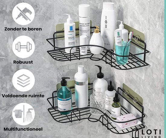 Loti Living Duschregal ohne Bohren - Eckform - 2 Stück - Duschregal zum Aufhängen - Duschregal ohne Bohren - Duschregale 2 Stück - Duschregal Schwarz - Duschregal an der Duschwand - Klebestreifen