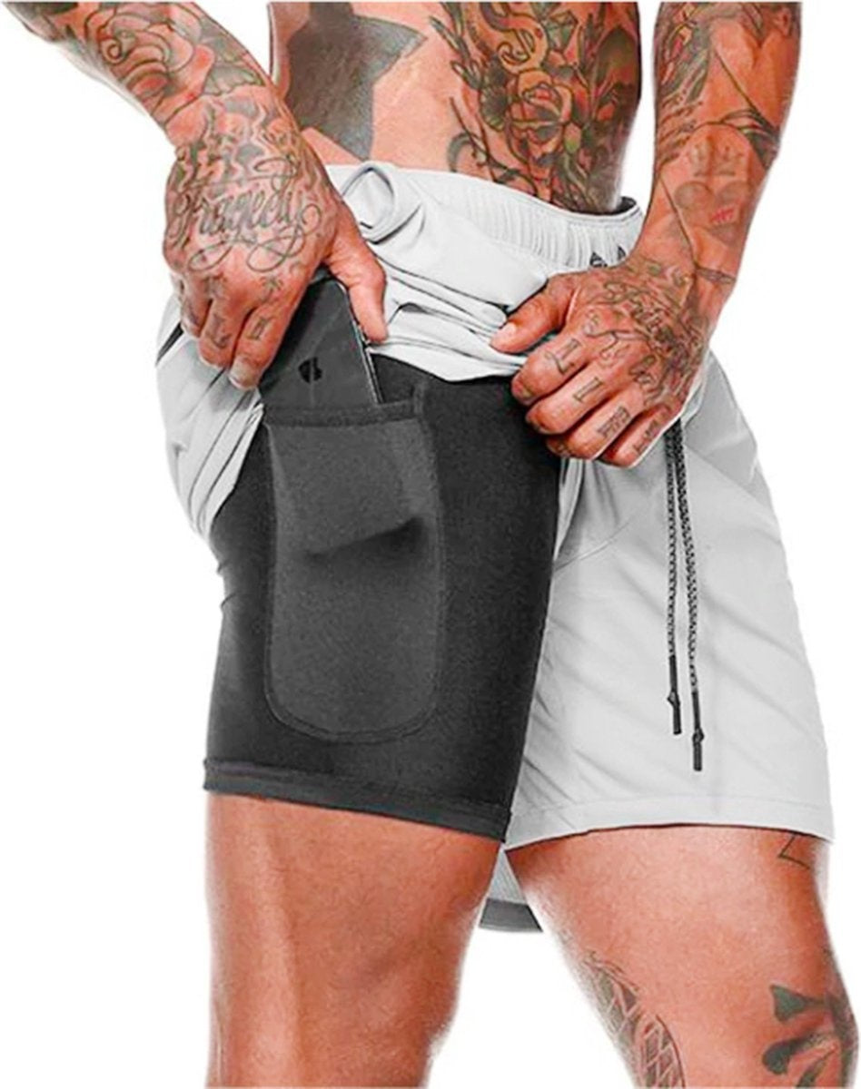 MWÂ¬Ã† - Sportbroek Heren - Fitnessbroek - Sportkleding - 2 in 1 Shorts - Hardloopbroek (Grijs - S)