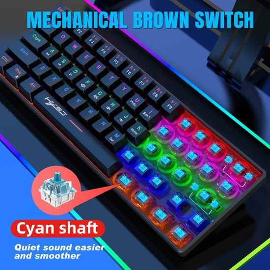 HXSJ V900 Wired Mechanical Gaming Keyboard - TKL - RGB-Beleuchtung - Ergonomisch - QWERTY - 61 Tasten - Blauer Schalter - Schwarz