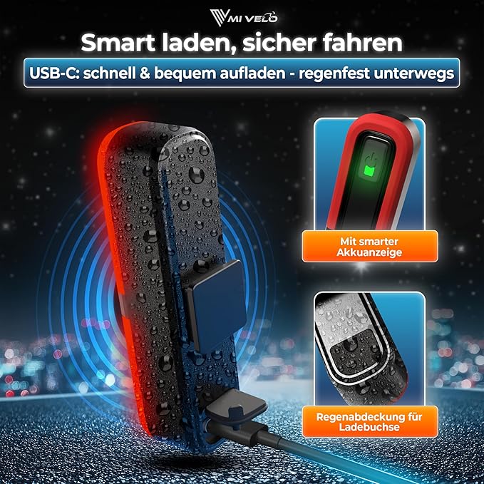 Fahrrad Rücklicht mit Bremslicht – StVZO geprüft – USB-C Akku – IPX5 Wasserdicht – Für Rennrad, MTB & Gravelbike