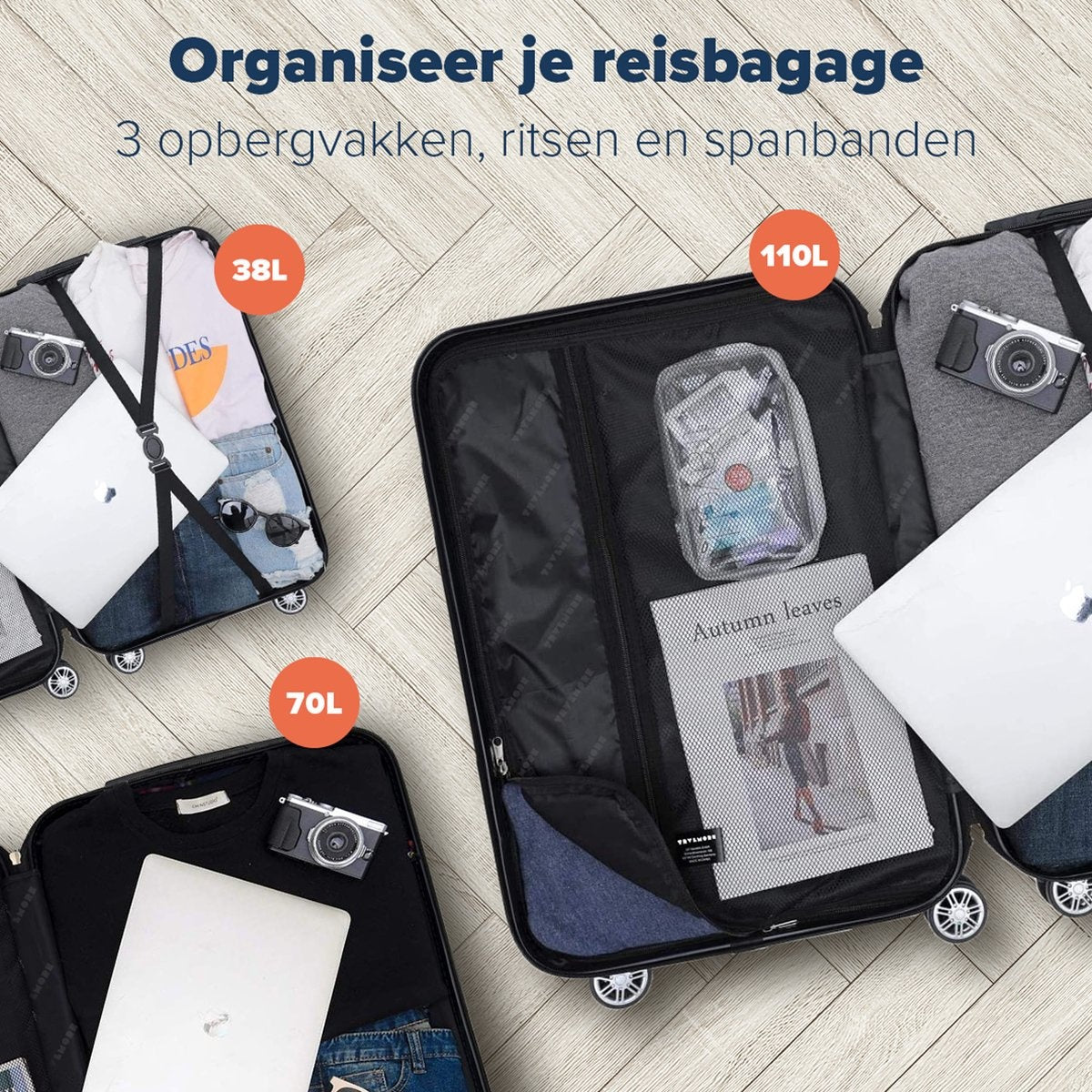 TRVLMORE - Kofferset - 3 Stück - 38L (Handgepäck) + 70L + 110L - Rose Gold